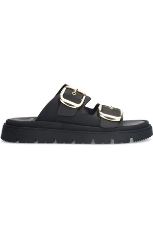 Manfield Dames - Zwarte leren slippers met gesp