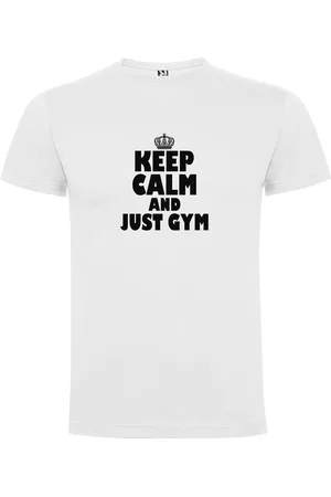 Merkloos Wit T-Shirt met Kleurrijke print ??? Keep Calm and just Gym ??? Blijf Kalm en sport ??? Sport ??? Humor ??? Zet Door ??? Niet opgeven ??? Print Full Color