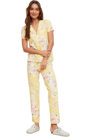 Trendyol Marineblauwe 100% Katoenen Gebreide Pyjamaset Met Bloemenmotief Thmss20Pt0063