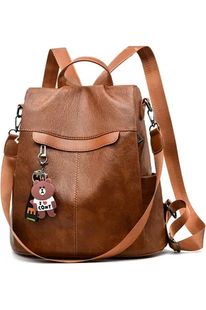 Dames Casual Rugzak Vintage Leer Streep Effen Kleur Dames Eenvoudige Rugzak Mode Schooltas - Khaki