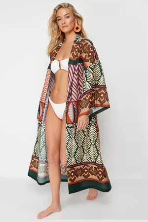 Trendyol Etnisch Patroon Maxi Geweven Gevlamde Katoenen Strandkimono En Kaftan Tbess24Km00022