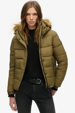 Superdry Kort pufferjack met capuchon met imitatiebont - Dames - Gewatteerde jassen