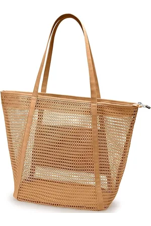 Merkloos Mesh strandtas met ritssluiting, grote badtas voor dames, strandtas, schoudertas, handtassen, shopper, boodschappentas met binnenzak voor strand, familie, reizen, school, bruin