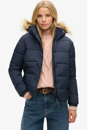 Superdry Kort pufferjack met capuchon met imitatiebont - Dames - Gewatteerde jassen