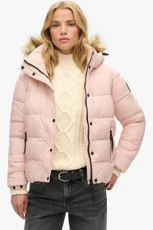 Superdry Kort pufferjack met capuchon met imitatiebont - Dames - Gewatteerde jassen