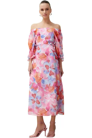 Trendyol Oranje Bloemenprint A-Lijn Carmen Kraag Chiffon Gevoerde Maxi Geweven Jurk Twoss23El02422