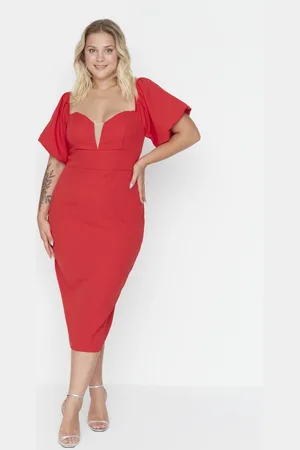 Trendyol Rode Gebreide Strapless Gebreide Jurk Met Ballonmouwen Tbbss22Ah00040