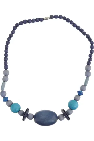 Behave – Ketting – Hout – Blauwe Grijze Turquoise Kralen – 48 cm – Nikkelvrij