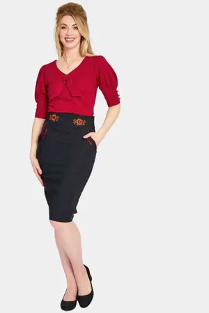 Voodoo Vixen Rose Embroidered Kokerrok - L