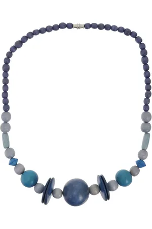 Behave – Ketting – Hout – Blauwe Grijze Turquoise Kralen – 48 cm – Handgemaakt