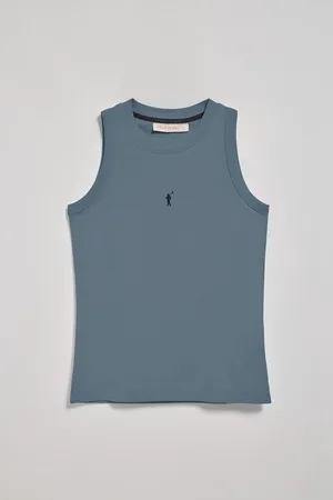 Polo Club® Denim blauwe basic top met ronde hals en geborduurd Rigby Go-logo