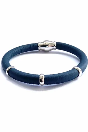 Jolla NIEUW! - dames armband zilver - leer - magneetsluiting - bedels - Single Silver - Donker Blauw