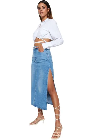 Trendyol Lichtblauwe Maxi-Denimrok Met Hoge Taille En Split Twoss23Et00109