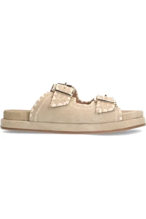 Manfield Dames - suède slippers met witte details