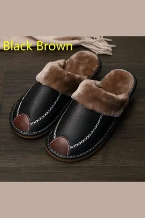 Merkloos Mannen Slippers - Zwarte Winter PU Leren Slippers - Warme Waterdichte Handschoenen voor Binnen
