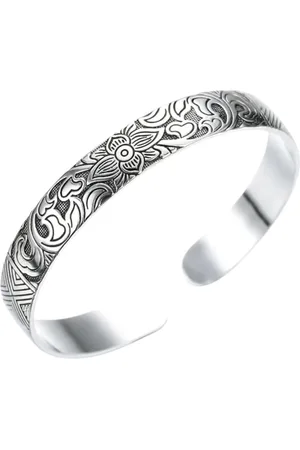 Marama Armband Flowers - bangle - verzilverd metaal - ingegraveerde bloemen en hartjes