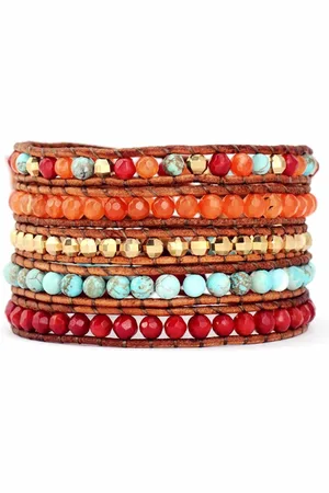 Marama Wikkelarmband Desert Skies - bruin leer - halfedelstenen en kralen - 83 cm - cadeautje voor haar