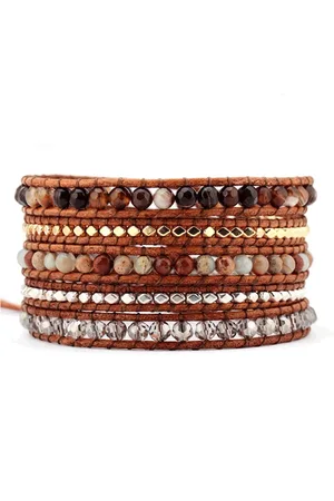 Marama Wikkelarmband Onyx Gold - leer - edelsteen Onyx - 83 cm. - 3 sluitingen - cadeautje voor hem