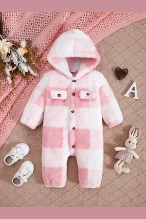 Merkloos Baby Jongen en Meisje Geruite Romper met Capuchon - Lange Mouwen Pluche Jumpsuit - Winter Warme Bodysuit voor 6-9 Maanden - Peuter Kleding, Baby Winterkleding