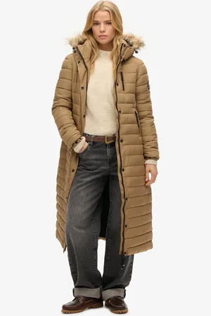 Superdry Lange gewatteerde pufferjas met capuchon met imitatiebont - Dames - Gewatteerde jassen