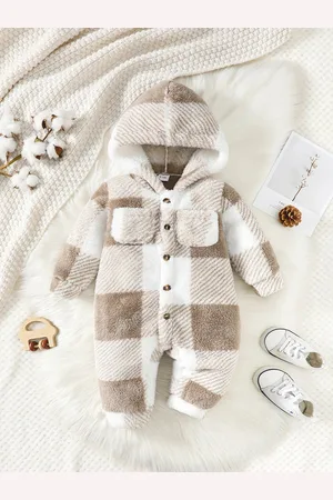 Merkloos Baby Jongen en Meisje Geruite Romper met Capuchon - Lange Mouwen Pluche Jumpsuit - Winter Warme Bodysuit voor 6-9 Maanden - Peuter Kleding, Baby Winterkleding