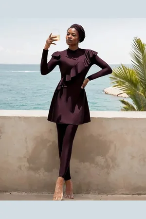Merkloos 3 delige boerkini burkini badpak corrigerend met ruffles maat L