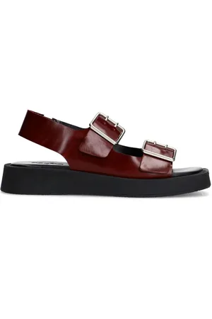 Sacha Dames - Bruine leren plateau sandalen met zilverkleurige buckles