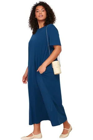 Trendyol Marineblauwe Midi 100% Katoenen Gebreide T-Shirtjurk Tbbss24Ah00067