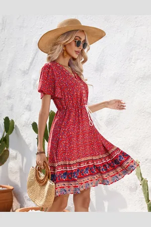 Merkloos Zomerjurk voor dames Boho tuniekjurk Korte mouwen Mini-jurken V-hals strandjurk Korte bloemenjurk Ruches volantjurk Casual jurk S