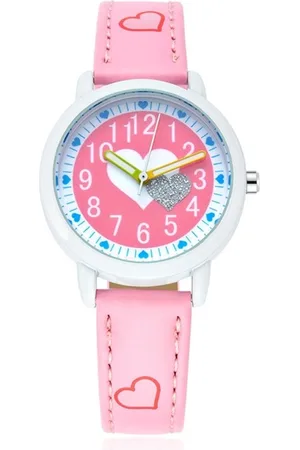 Lazy Cat Meisjes Horloge – Roze met Hartjes – Leren Bandje - Girls Watch