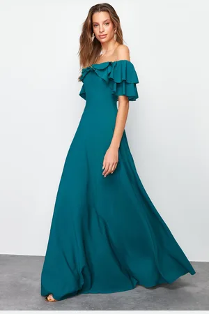 Trendyol Smaragdgroene A-Cut Flounce Geweven Lange Elegante Avondjurk Tprss24Ae00054