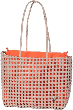 Handed By Tas - Handtas - Shopper - Strandtas - Schoudertas - Kantoortas - Boodschappentas - Met binnentas - Handgevlochten -Duurzaaam - Maze - binnentas - caffé latte neon orange bag