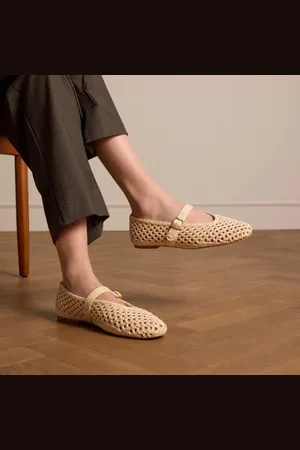 Manfield Dames - Witte raffia ballerina met gesp