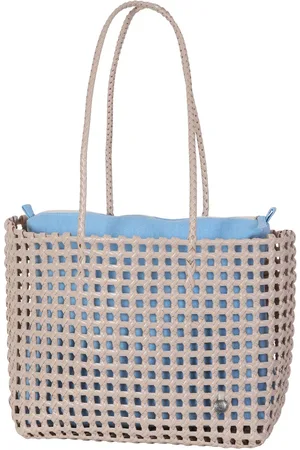 Handed By Tas - Handtas - Shopper - Strandtas - Schoudertas - Boodschappentas - Met binnentas - Handgevlochten -Duurzaaam - Maze - beige met blauwe binnentas -caffé latte with lagoon blue bag