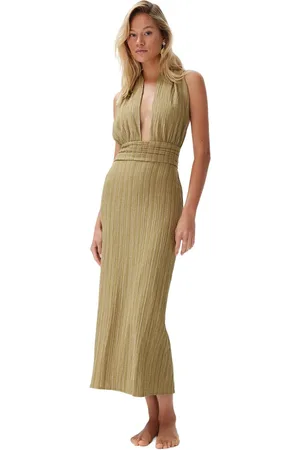 Trendyol Kaki Maxi Geweven Decolleté Linnenmix Strandjurk Tbess24El00096
