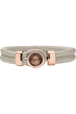 quiges Leren Armband Beige met Verwisselbare RVS Mini Munt Houder Rosékleurig 20 cm