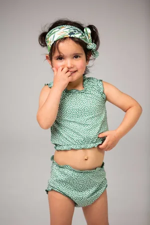Ducksday Omkeerbare baby tankini met haarlint - voor meisjes - UPF 50+ - Driedelige zwemset - Toucan - Tropisch groen