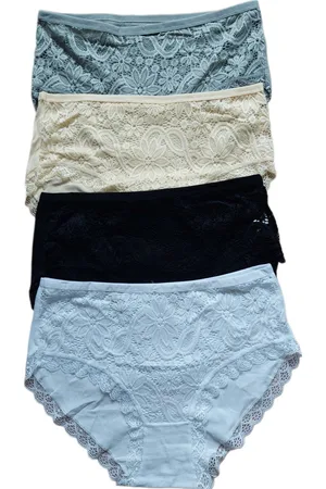 Merkloos Dames - Ondergoed - Slips - 95% Katoen - 4 Stuks - Met Kant - Normale Taille - Kleur - Wit, , Geel, Grijs