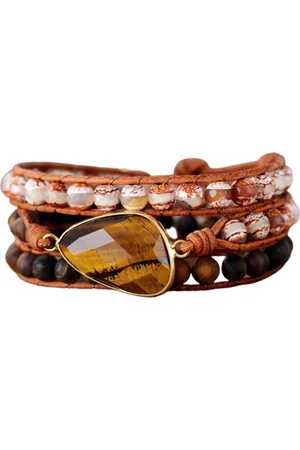 Marama Wikkelarmband Tigress - leer - edelsteen tijgeroog - 50 cm - one size fits all - cadeautje voor hem en haar