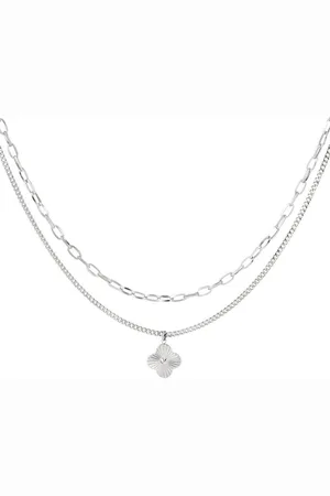 Yehwang Tweelaagse ketting met bloem - kleur - Stainless Steel - RVS - ketting - schakelketting - roestvrij staal - bloemen - cadeau - gift