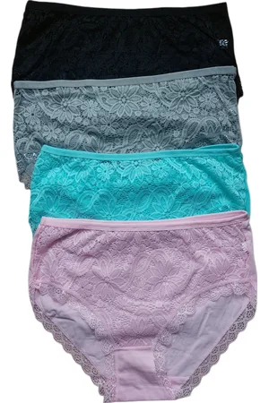 Merkloos Dames - Ondergoed - Slips - 95% Katoen - 4 Stuks - Met Kant - Normale Taille - Kleur - , Mintgroen, Zwart, Grijs