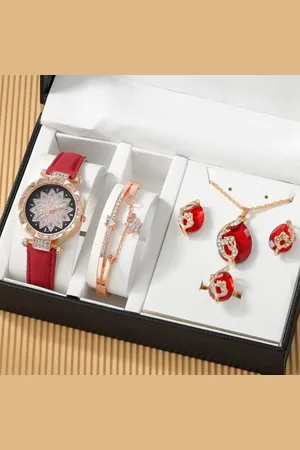 Merkloos Luxe Vrouwen Quartz Horloge Sieraden Set Zakelijke Mode Casual Ronde Wijzer Bloem Horloge Ketting Oorbellen Ring Set Cadeau
