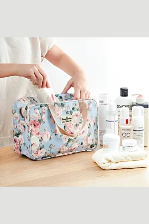 Merkloos Toilettas voor op reis, make-up tas, toilettas, grote draagbare waterdichte cosmetische scheertas, make-up organizer voor toiletartikelen, opbergtas voor in de badkamer voor vrouwen, meisjes, dames, (blauw)