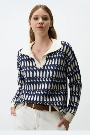 Jimmy Key Crème En Marineblauw Patroon Gebreid Sweater
