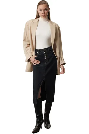 Trendyol Blauwe Midi-Denimrok Met Knopen En Split Twoaw24Et00063