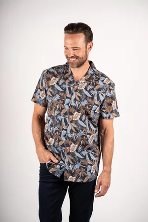 Merkloos Pre End heren blouse - overhemd KM - 100353 - Fulham - navy print - maat M