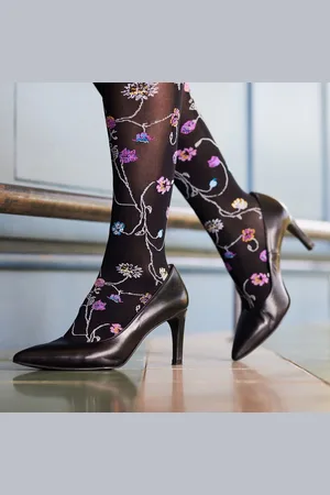 Bonnie Doon Bloemen Panty 80 Denier Donker Bruin Dames maat S/M - Bloemen Print - Gladde Naden - Maximaal Draagcomfort - Floral Tights - Chique Panty - Feestelijk - Gebloemd - Kleurrijk - Bloemenprint -Bruin - - BP221906.158