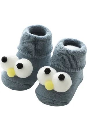 Merkloos Babysokjes Blauw Met Grote Oogjes - 0-6 maanden - lichtblauw - zacht gevoerd - warm - anti-slip - katoen - kleine kinderen - 3D ogen - sokjes - kraamcadeau - cadeau pasgeboren baby