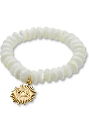 Marama Armband - damesarmband - elastisch - wit - goud - geslepen schelpensteen - gouden oog hanger - luxe cadeau dames