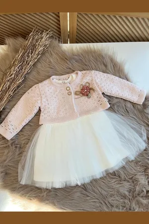 Merkloos Luxe feestjurk-bruidsjurk-doopjurk-doopkleding-bruidsmeisjes-doopsel-bruiloft-verjaardag-fotoshoot-tule jurk met roze gebreid jasje-baby jurk-tweedelige set-effen katoenen jurk met steentjes- ivoor kleur - maat 80 - 9 tem 12maanden